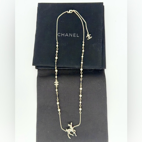 CHANEL Crystal Studded Deer Necklace w/ Pearled Chain w/Chanel Box, Insert & COA - Picture 2 of 11